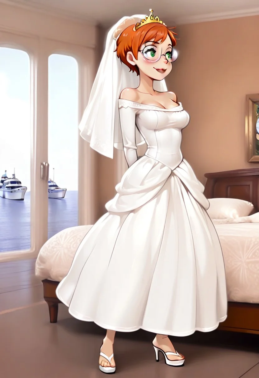 masterpiece, best quality, absurdes, 1girl, solo,
<lora:Rena (Anders Loves Maria) (Illust):0.8>
Rena_Girl, round glasses, green eyes, orange hair, pixie cut, smile, Full body, barefoot, standing,
blush, medium breasts,
Wedding dress, Wedding veil, Golden tiara, white high heels sandals, sandals, high heels,
Indoors, bedroom, Cruise ship, detailed background,
<lora:Detailer_NoobAI_Incrs_v1:0.4> detailed,
<lora:princess_rc_il:0.5>