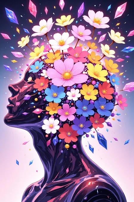 bmstyle anime "A human head made of translucent, crystallized material shatters outward, with shards transforming into a burst of vibrant flowers. The flowers are varied in color and species, blooming mid-air as if born from the explosion. Soft light refracts through the crystal fragments, creating a surreal, dreamlike atmosphere."