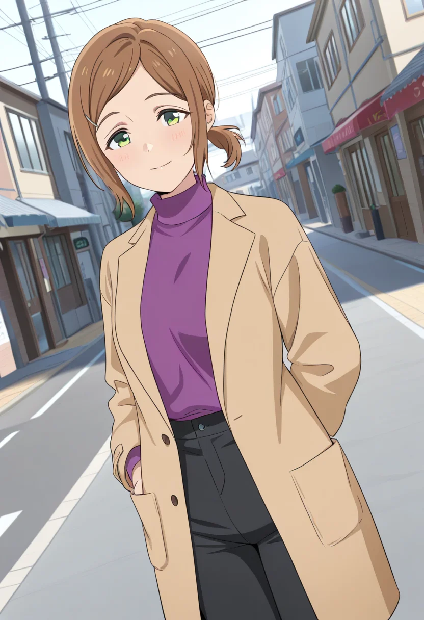 masterpiece,best quality,absurdres,perfect lighting,outdoors,street,day,
*//*,<lora:HealerGirl_ShokoNagisa-Illustrious:1>,shoko_nagisa,1girl,solo,brown hair,short hair,ponytail,green eyes,hairclip,purple shirt,sweater,turtleneck,brown coat,black pants,
*//*,looking at viewer,cowboy shot,dutch angle,dynamic pose,light smile,