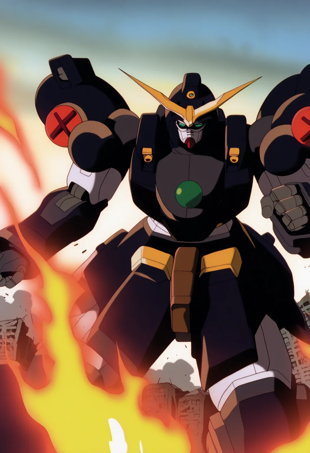 best quality, amazing quality, very aesthetic, absurdres,
BREAK
mecha, gundam, no humans, black armor, blue eyes, science fiction, fire, war, conflict, solo, destroyed city background, <lora:GundamWingNoobLocon_byKonan:1>