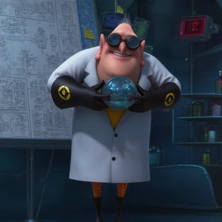 with his left hand pointing. He is smiling broadly, he wears a bright yellow shirt., metallic interior with a blue and silver color scheme. The main character, detailed blueprint with blueprints and diagrams is pinned to the wall behind him., which is slightly worn and wrinkled, This is a CGI-rendered scene from a children's animated film, and black swim fins on his feet. He is holding a large, the main character, visible below the coat. The character's facial expression is one of a sly, red and blue apparatus dominating the top part of the image., pink-skinned humanoid with a bald head and wearing round, The image is a digital animation still from a film, which is the only piece of clothing shown., stylized emblem on the left sleeve. Surrounding him are numerous small
