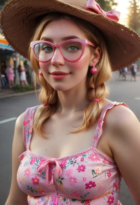 score_9, score_8_up, score_7_up, BREAK, IBG, colorful urban park, blooming flowers, bright sunlight, pastel balloons, quaint gazebo, BREAK, rating_explicit, NSTLG, c4t3y3 glasses, glasses, 1girl, 20 year old cheerful woman, social media influencer, partially illuminated, unique pose, unique angle, large breasts, ash blonde hair in pigtails, lively green eyes, fair skin, curvy and pudgy build, freckles across her nose, heart-shaped face, chubby cheeks, full lips, pink tinted lips, playful smile, laugh lines, floral sundress, straw hat with ribbon, quirky earrings, oiled, shiny body, photorealistic