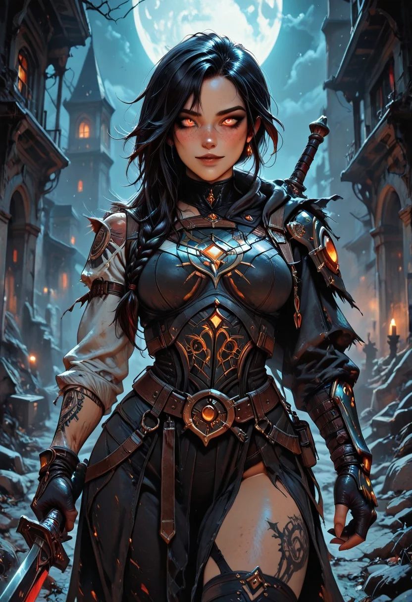 highres, very detailed, amazing quality, masterpiece,
very aesthetic, vibrant colors,
particle effect,
1girl, LunaWF, tan skin, vault, vault guardian, ancient protector, ancient weapon, hip sling, weapon on sling, hand on weapon, white braided hair, asymmetrical hair, asymmetrical sleeves, one sleeve rolled up, bicep, looking at viewer, forearm tattoo, asymmetrical clothing, beautiful eyes, eyes open, detailed eyes, freckles,
at night, night, moonlight, midnight, shadows, dark, darkness,
Cowboy shot, close up,
Front view, view from the front, facing viewer,
Tip of sword, sword extended, foreshortening,