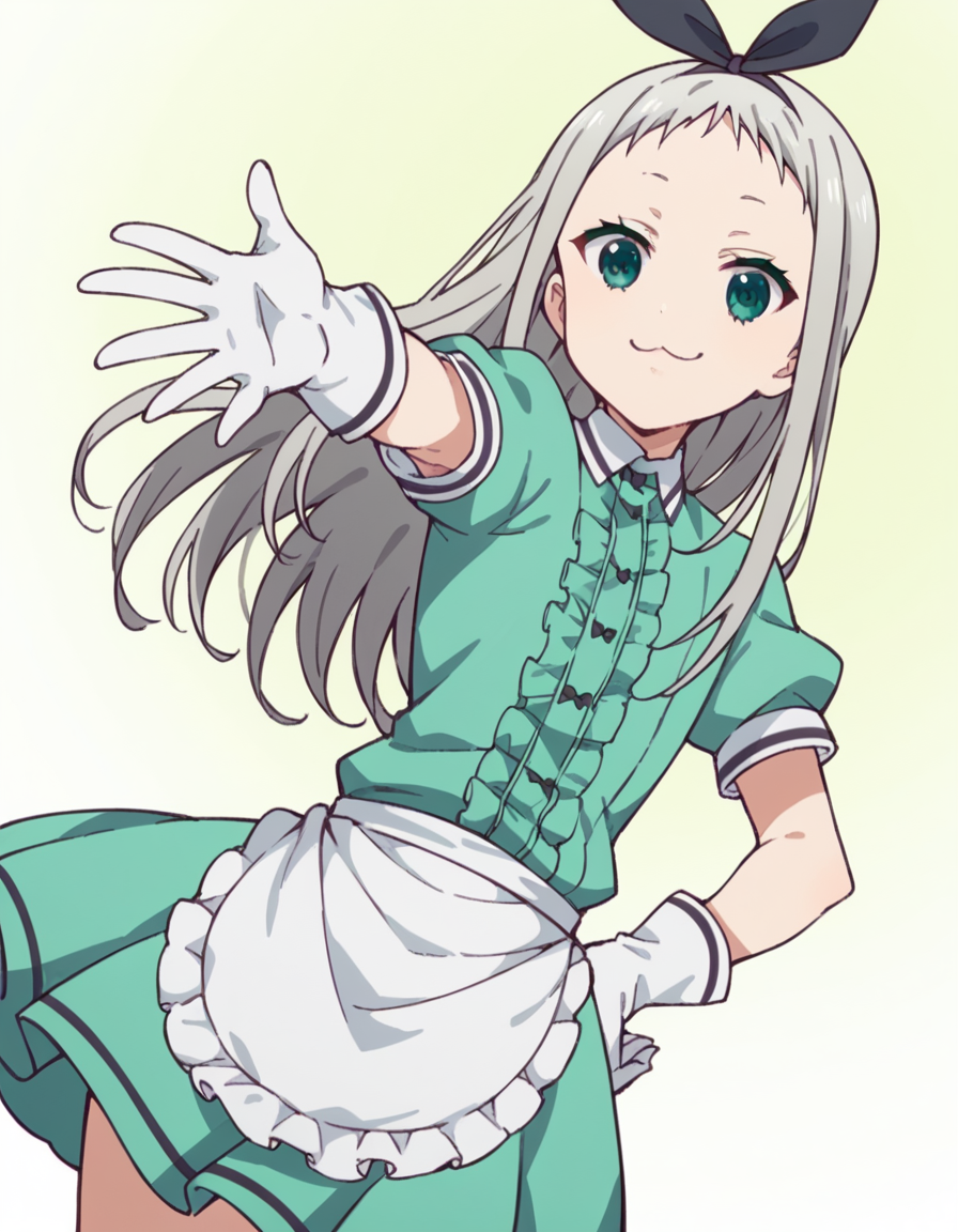 score_9, score_8_up, score_7_up, source_anime, <lora:hideri-kanzaki-s1-ponyxl-lora-nochekaiser:1>, hideri kanzaki, long hair, bow, green eyes, hair bow, grey hair, male focus, hairband, black hairband, otoko no ko, forehead,, gloves, dress, short sleeves, frills, puffy sleeves, white gloves, apron, puffy short sleeves, waist apron, white apron, frilled apron, waitress,, restaurant, laughter, good food, warm lighting, celebration, smile, , arm outstretched, hand on hip, knee up, solo,, cowboy shot, dutch angle