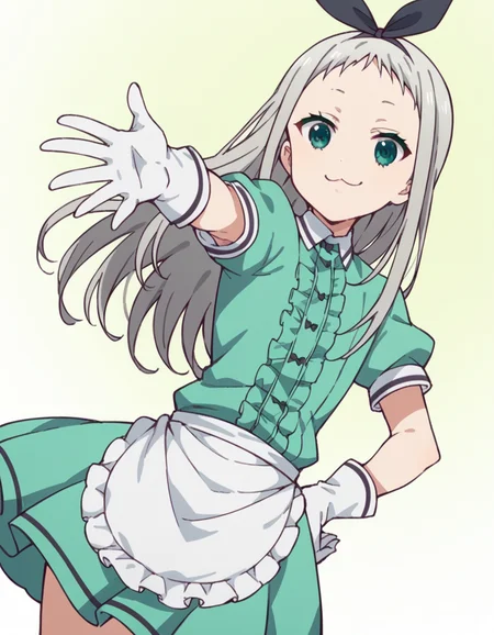 score_9, score_8_up, score_7_up, source_anime, <lora:hideri-kanzaki-s1-ponyxl-lora-nochekaiser:1>, hideri kanzaki, long hair, bow, green eyes, hair bow, grey hair, male focus, hairband, black hairband, otoko no ko, forehead,, gloves, dress, short sleeves, frills, puffy sleeves, white gloves, apron, puffy short sleeves, waist apron, white apron, frilled apron, waitress,, restaurant, laughter, good food, warm lighting, celebration, smile, , arm outstretched, hand on hip, knee up, solo,, cowboy shot, dutch angle
