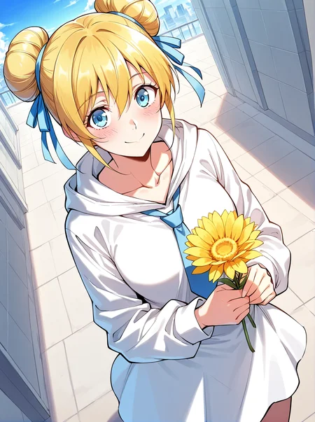 <lora:Meng_Wu:1>
1 girl, solo, blue eyes, blonde hair
white dress, ribbon, hair ribbon, blue ribbon, blue necktie, short hair, hair bun, single hair bun, double bun, white hoodie, hair between eyes, collarbone, white sleeves, long sleeves
score_9, score_8_up, score_7_up, very aesthetic, source_anime, detailed, high quality, beautiful, masterpiece, detailed eyes, highres, best quality, masterpiece, outdoors, looking at viewer, blush, smile, holding flower, from above, floating, blue sky