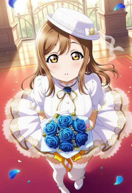 masterpiece,best quality,amazing quality, kunikida hanamaru, brown hair, amber eyes, long hair, 1girl, flower, hat, blue flower, bouquet, petals, rose, white headwear, blue rose, thighhighs, white footwear, solo