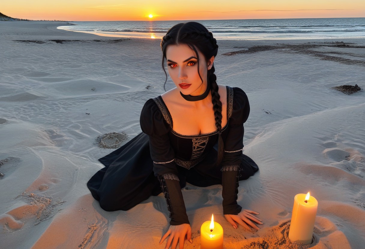 NM_tes_Serana,, 
black hair, medium hair, crownbraid, orange eyes, glowing eyes, vampire fangs
kneeling in the sand,
looking at the viewer, 
at a public beach , beach scene, medieval scene, 
evening, sunset, lit candles, 
cinematic shot,
8k ,realistic photo, highly detailed,
uncensored