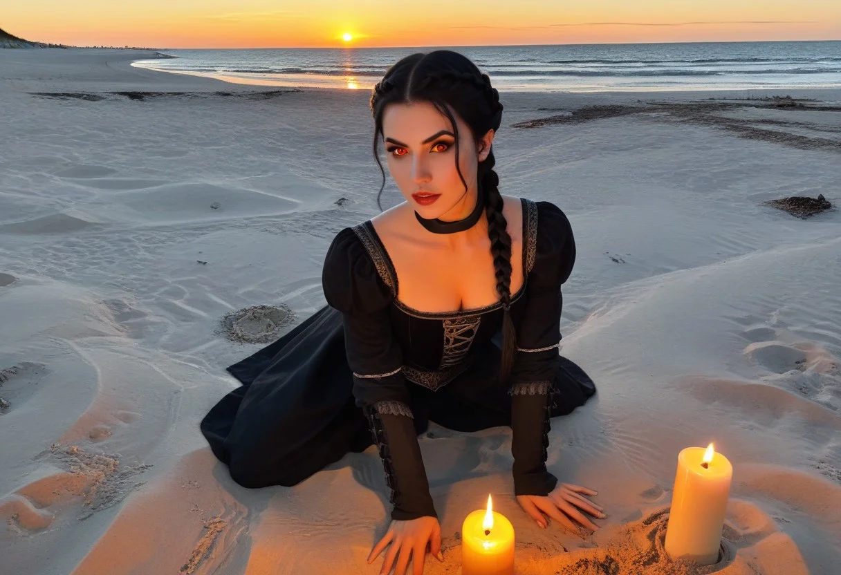 NM_tes_Serana,,
black hair, medium hair, crownbraid, orange eyes, glowing eyes, vampire fangs
kneeling in the sand,
looking at the viewer,
at a public beach , beach scene, medieval scene,
evening, sunset, lit candles,
cinematic shot,
8k ,realistic photo, highly detailed,
uncensored
