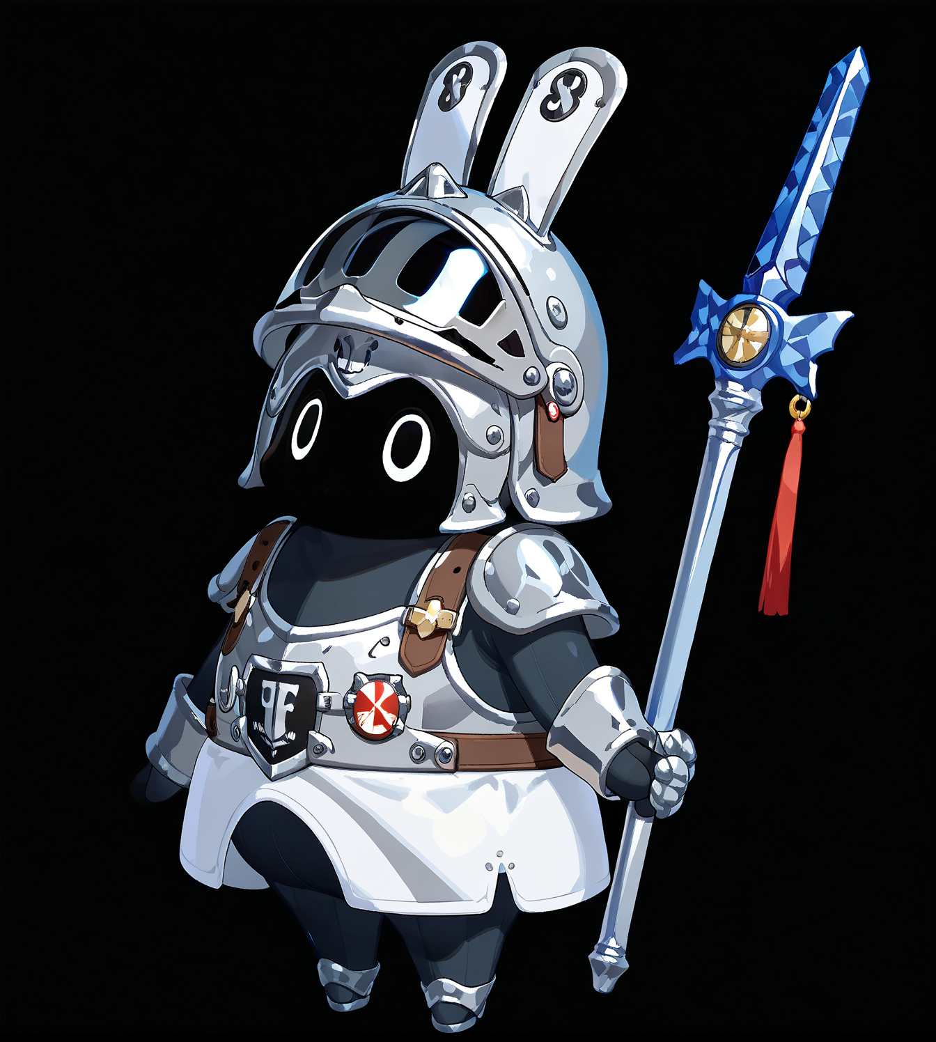 masterpiece, best quality, shiny metal bangboo, armor body, armor helmet head, black background, white circular eyes, full body,  knight theme,  holding jousting lance, <lora:bangboo-v1-pony:1>
