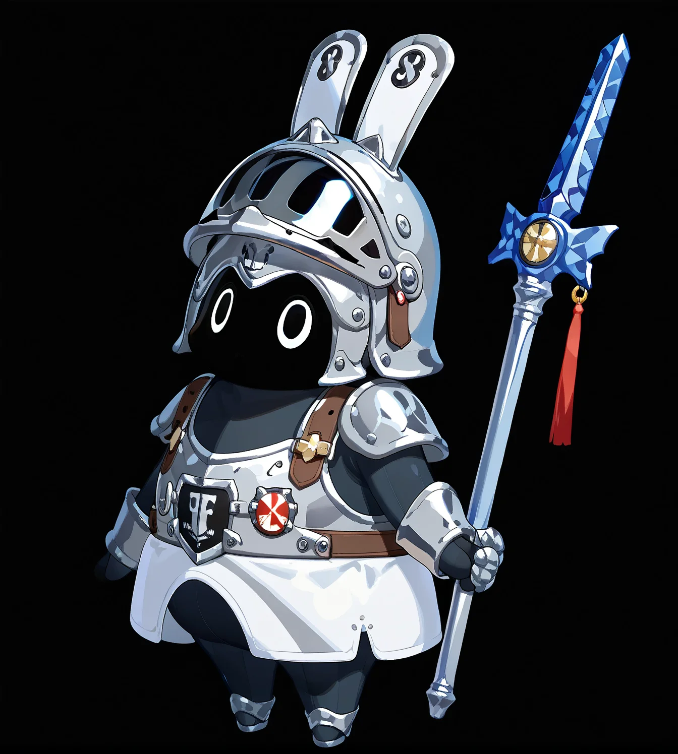 masterpiece, best quality, shiny metal bangboo, armor body, armor helmet head, black background, white circular eyes, full body,  knight theme,  holding jousting lance, <lora:bangboo-v1-pony:1>