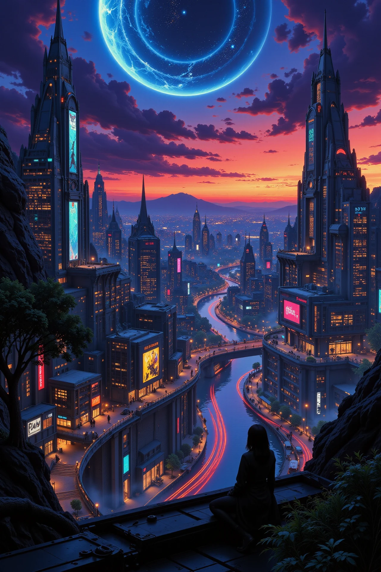 a futuristic sci-fi fantastic cyberpunk city beautiful  landscape, dusk, woman, very intricate, very detailed, sharp, bright, colorful, <lora:Hand v2:0.5> <lora:Anti-Blur:1><lora:Insane Detail Slider:0.25>  <lora:flux.1_lora_flyway_Epic-detail_v2:0.3> <lora:fluxenhancer:0.25> <lora:Anime_style:0.6> anime style