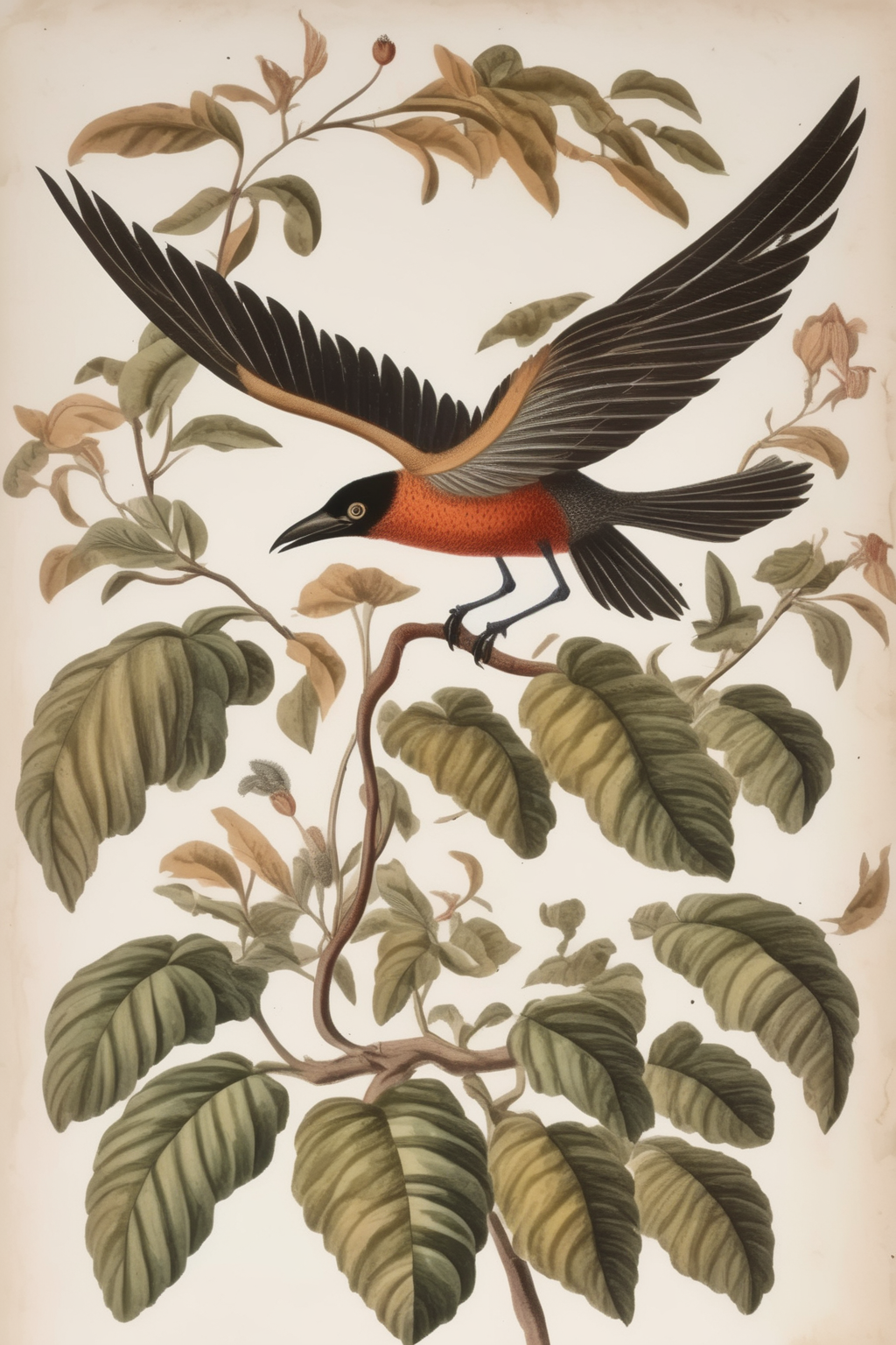 <lora:Mark Catesby Style:1>Mark Catesby Style - white background, one single flying bird, old botanical illustration