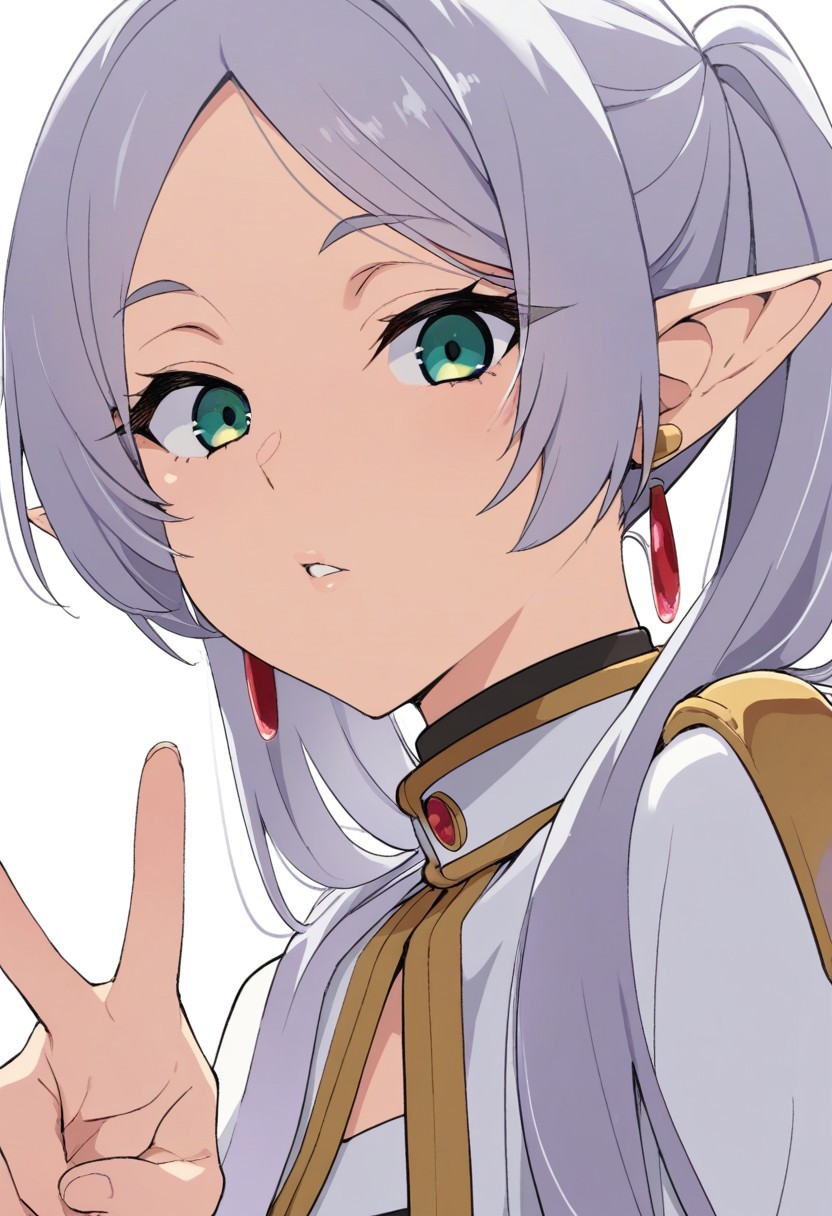 masterpiece, best quality, masterpiece, best quality,
(frieren:0.5), 1girl, solo, long hair, looking at viewer, simple background, white background, jewelry, twintails, green eyes, white hair, grey hair, earrings, parted lips, pointy ears, parted bangs, v, capelet, portrait, elf, white capelet