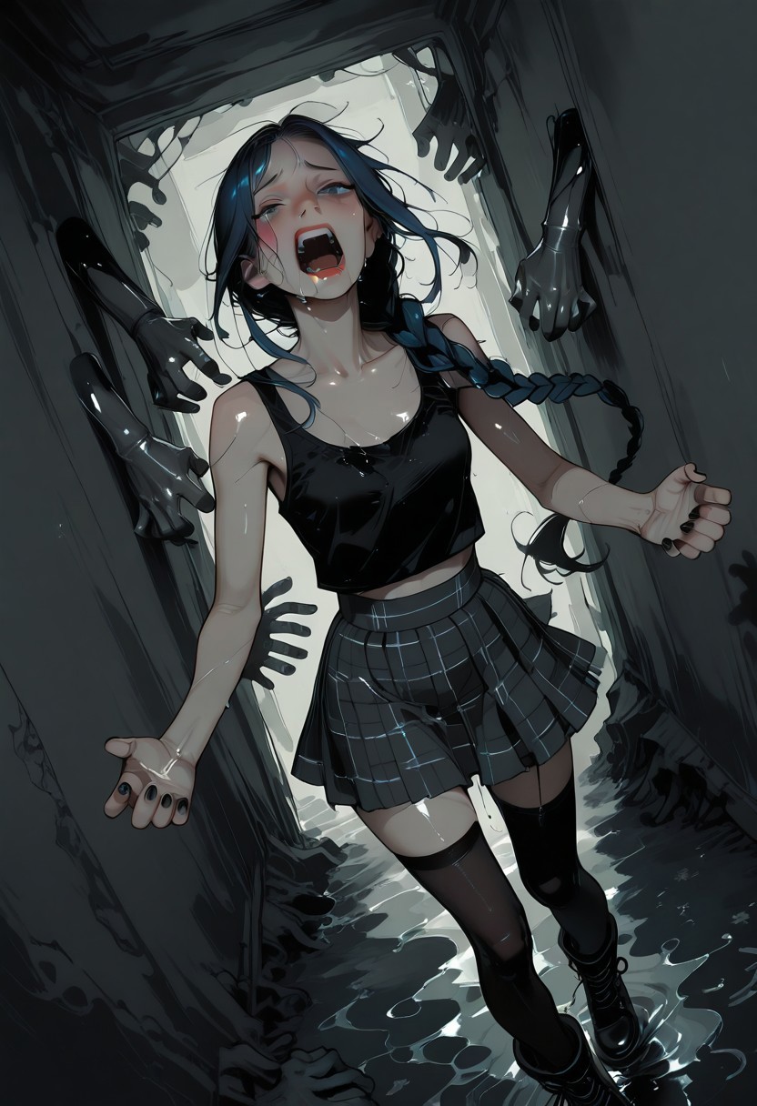 LDSCH, aesthetic, p1n04rtstyl3,pinoartstyle,pino art style, 1woman, dark blue hair, ((hair in long single braid)), (((very long braid))), absurdly long hair, blue eyes, ((slim body)), fit slim, (small breasts), dynamic angle, skinny body, narrow waist, black nail polish, red lipstick, slight blush
wearing black tank top, wearing plaid skirt, wearing black thigh high stockings, wearing hiking boots
In a dark hallway, abandoned building, gray walls, moldy walls, stained walls, she is running down the hall
<lora:tomanyhands_Illu_Dwnsty:1>, to many hands, surrounded by gray hands, grabbing, gray hands from the walls, gray walls forming into hands, hands are made of same material as the walls, hands are same color as the walls, walls dripping gray liquid, walls melting
She is scared, screaming, crying, trying to avoid gray hands, fighting away from hands, dodging hands
Very dark, horror setting, scary, horror tones