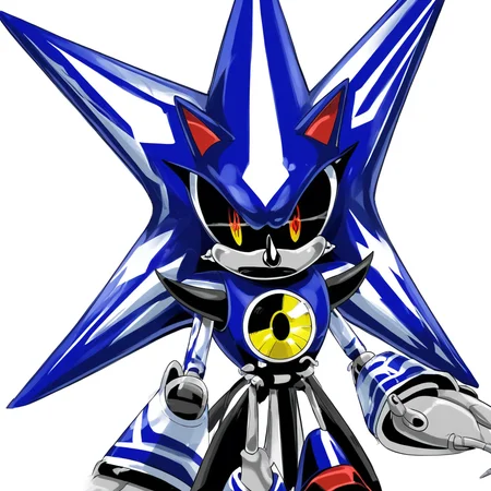 This image is a digital drawing in a vibrant, resembling a humanoid hedgehog, robotic appearance. The character is depicted from the chest up, pointed shape with a bright yellow eye and a small, stylized design. The character is predominantly blue and silver, with a prominent, circular sensor on the forehead.  The character's eyes are glowing red, anthropomorphic robot character, This image is a hand-drawn illustration of a stylized