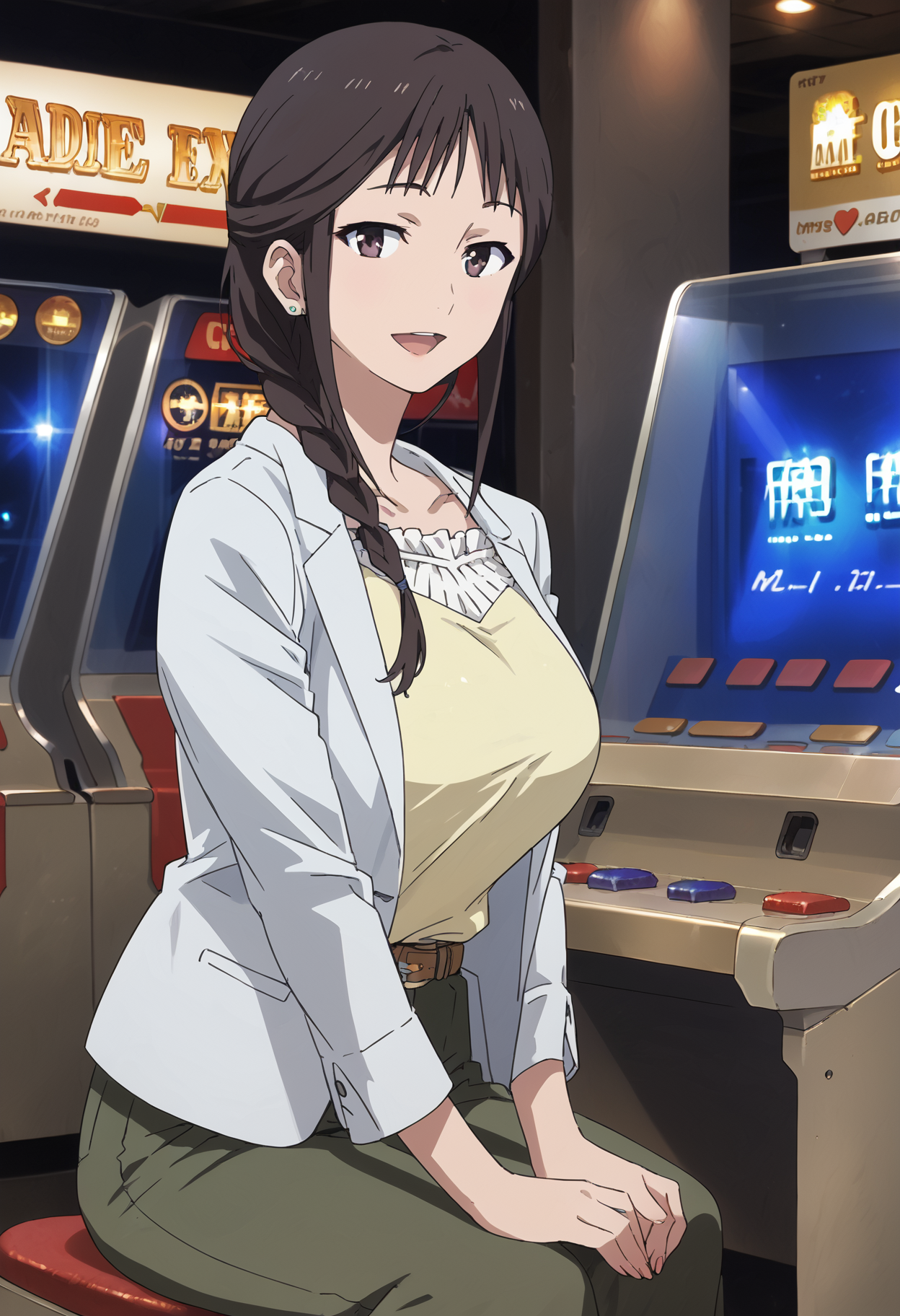 segawamisato, 1girl,  belt, black eyes, blouse, brown hair, collarbone, cowboy shot, green pants, hair over shoulder, long hair, open mouth, single braid, smile, solo, white blazer, , wide pants,,large breasts,sitting, arcade cabinet, dark,from side, playing games, looking at viewer, , <lora:segawamisato_ponyV2_new6:1>mature female,, , score_9, score_8_up, score_7_up, score_6_up, score_ANIME,