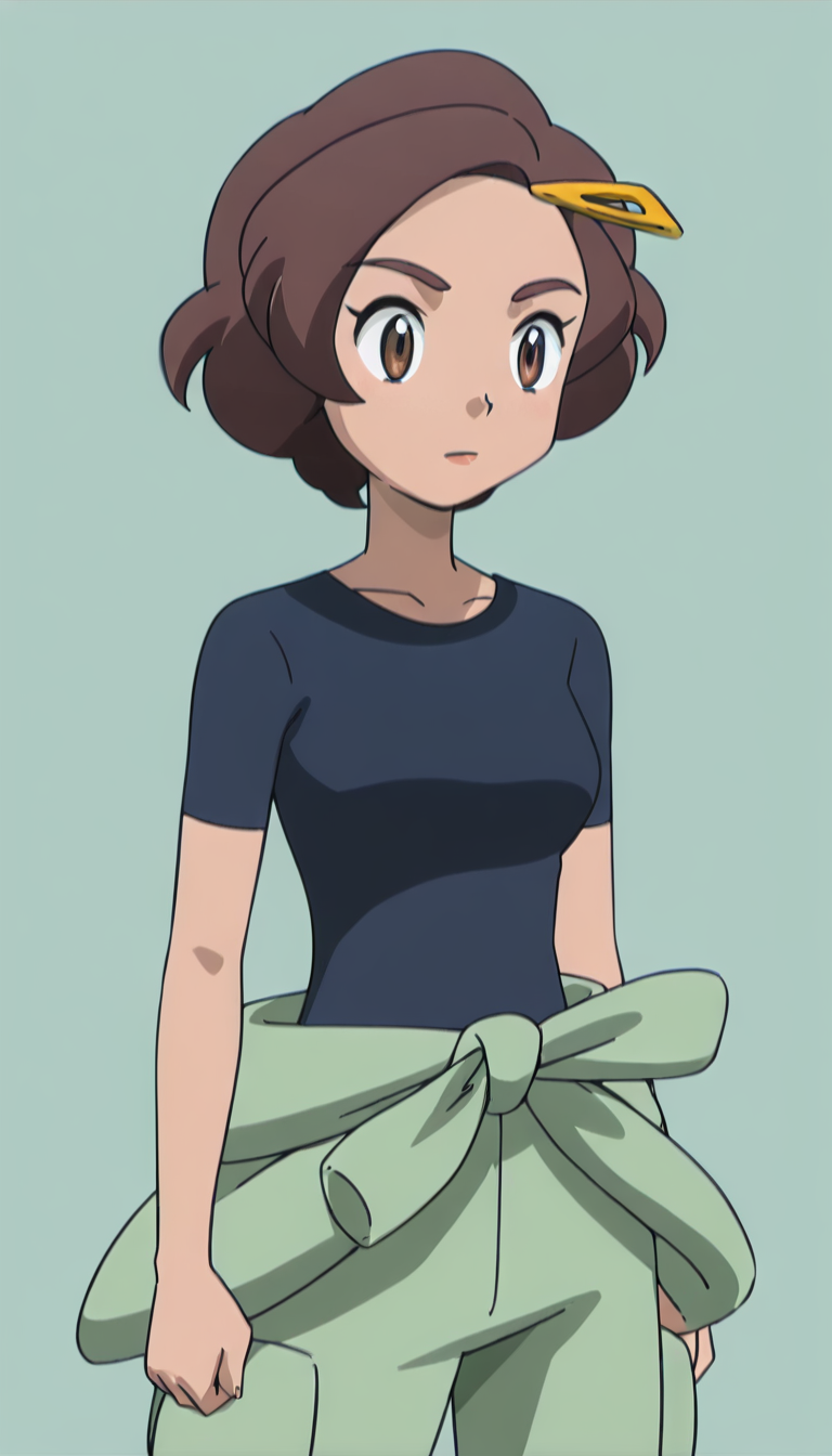 <lora:grace>,hair ornament,hairclip,short hair,simple background,green pants,shirt,(red pocket:0.3),