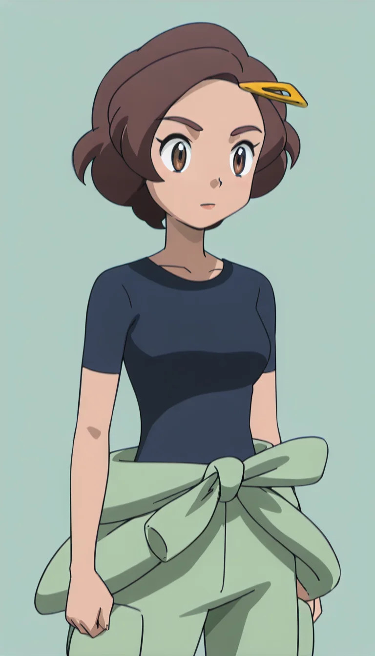 <lora:grace>,hair ornament,hairclip,short hair,simple background,green pants,shirt,(red pocket:0.3),