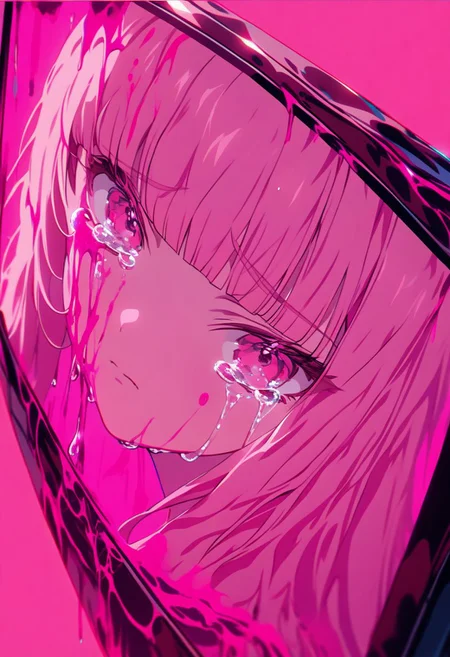 did vaporwave style, 1girl, solo, television, pink theme, pink background, long hair, dripping, looking at viewer, blunt bangs, simple background, upper body, pink eyes, crying, tears, crying with eyes open, closed mouth, liquid, pink blood, , cinematic lighting, cinematic angle, official art, best quality, masterpiece