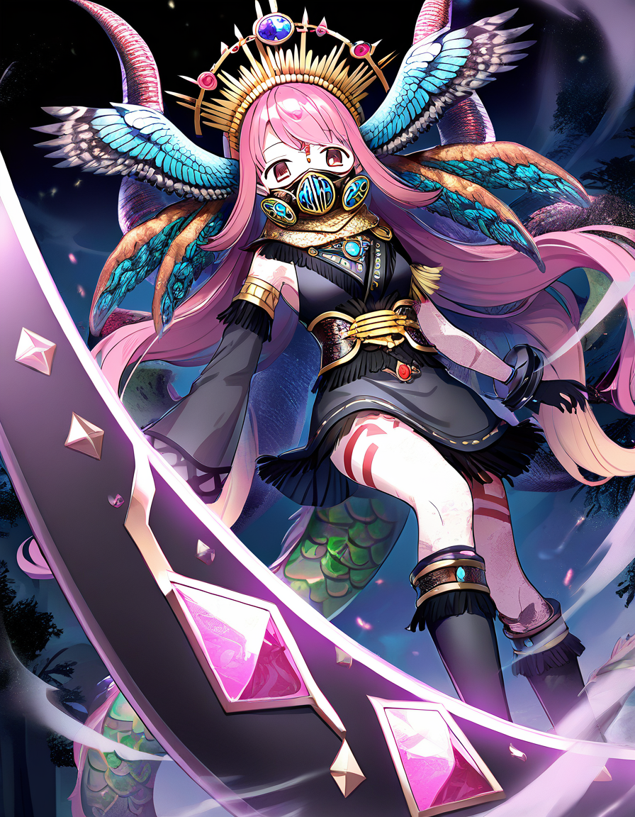 masterpiece, best quality, newest, absurdres, highres, safe, 1girl, himuro lavi \(kimochi ver.\), magia record: mahou shoujo madoka magica gaiden, mask, tail, colored skin, head wings, horns, single detached sleeve, huge weapon, boomerang, solo, outdoors, dutch angle, <lora:himuro_lavi_noobaiXLNAIXL_vPred10Version:0.7>