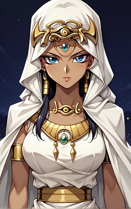 score_9, score_8_up, score_7_up, BREAK
ANIME_YuGiOh_IshizuIshtar_ownwaifu,
1girl, black hair, blue eyes, breasts, dark-skinned female, forehead jewel, hair tubes, hood, jewelry, dark skin, necklace, long hair, armlet, hood up, bracelet, collarbone, ankh, headdress, earrings, gem, bracer, circlet, lips, anklet, makeup, medium breasts,
long dress, white dress, egyptian clothes, eye of horus, gold, gold belt, cape, veil, dress, white cape, hooded cloak, belt,
(portrait, head tilt, looking at viewer), white border, bokeh, <lora:PONYXL_YuGiOh_IshizuIshtar_ownwaifu:0.8>, solo,