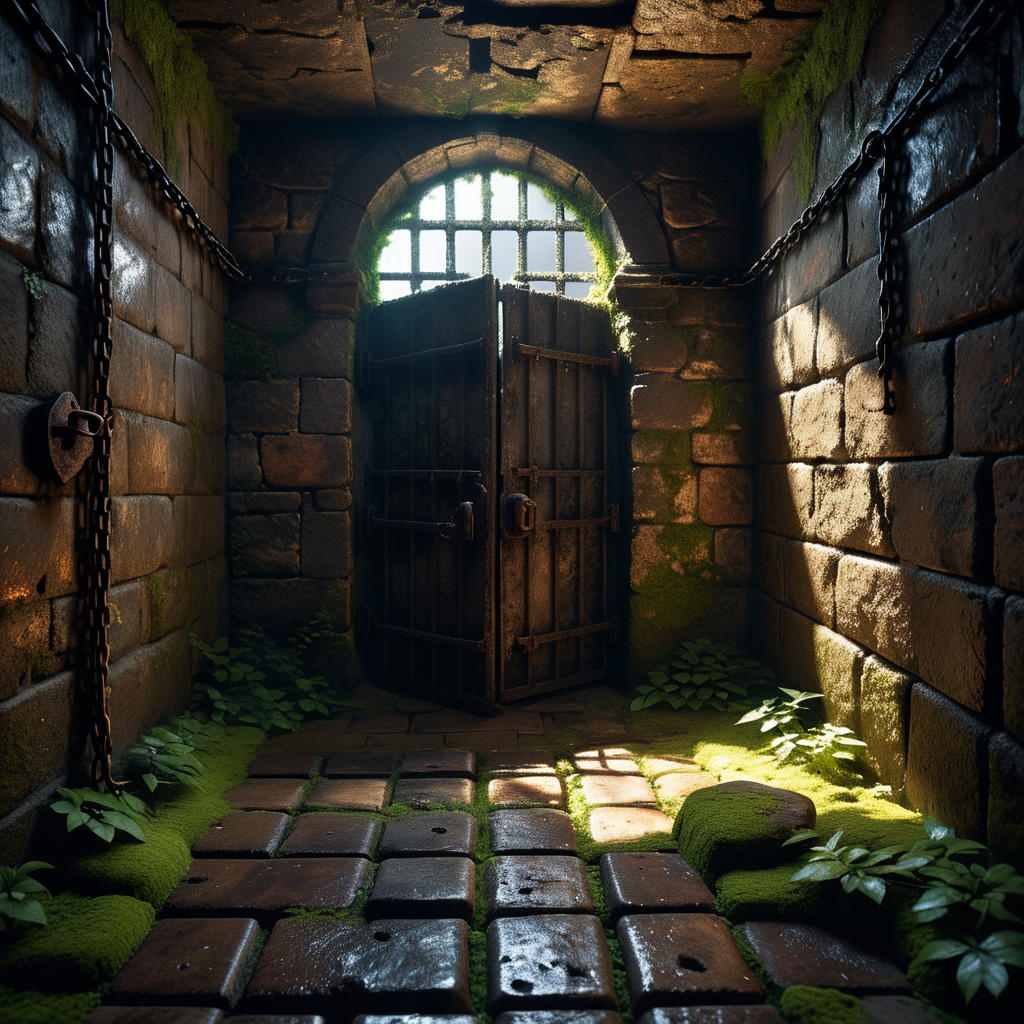 A dark and grim medieval castle dungeon, designed for imprisoning captives. The walls are made of aged, damp stone bricks, cracked and worn with time, with patches of moss and moisture seeping through. The small, claustrophobic space is lit by a single flickering torch mounted on the wall, casting long, eerie shadows across the room. Rusted iron bars form a heavy prison door with a corroded lock and hinges, partially ajar or firmly shut. The floor is rough, uneven stone, covered in dirt and faint stains, hinting at years of suffering. Chains hang loosely from rusted hooks embedded in the walls, their metal corroded and worn. In one corner, a small, grated window lets in a thin sliver of cold, pale light, emphasizing the dungeon's oppressive and hopeless atmosphere. The air feels damp, stale, and heavy with silence, evoking a chilling sense of isolation and despair.
<lora:SDXLFaeTastic2400:0.4> <lora:extremely_detailed:0.4> extremely detailed, Masterpiece,best quality,hi res,8k,hi res,8k,award winning,(sharp focus, intricate, highly detailed),