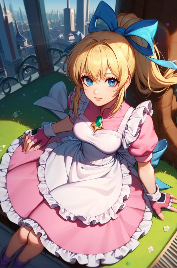 score_9, score_8_up, score_7_up, very aesthetic, source_anime, masterpiece, detailed, high quality, detailed, beautiful, masterpiece,
medium breasts, sitting, city view, under tree, sunlight, light smile, dynamic angle, looking at viewer, close up, cowboy shot,
<lora:lilith_autismConfetti_v01:0.95>lilith aileron, 1girl, blonde hair, blue eyes, ponytail, hair bow, pink dress, apron, puffy sleeves, short sleeves, fingerless gloves, purple footwear, lace,, zPDXL