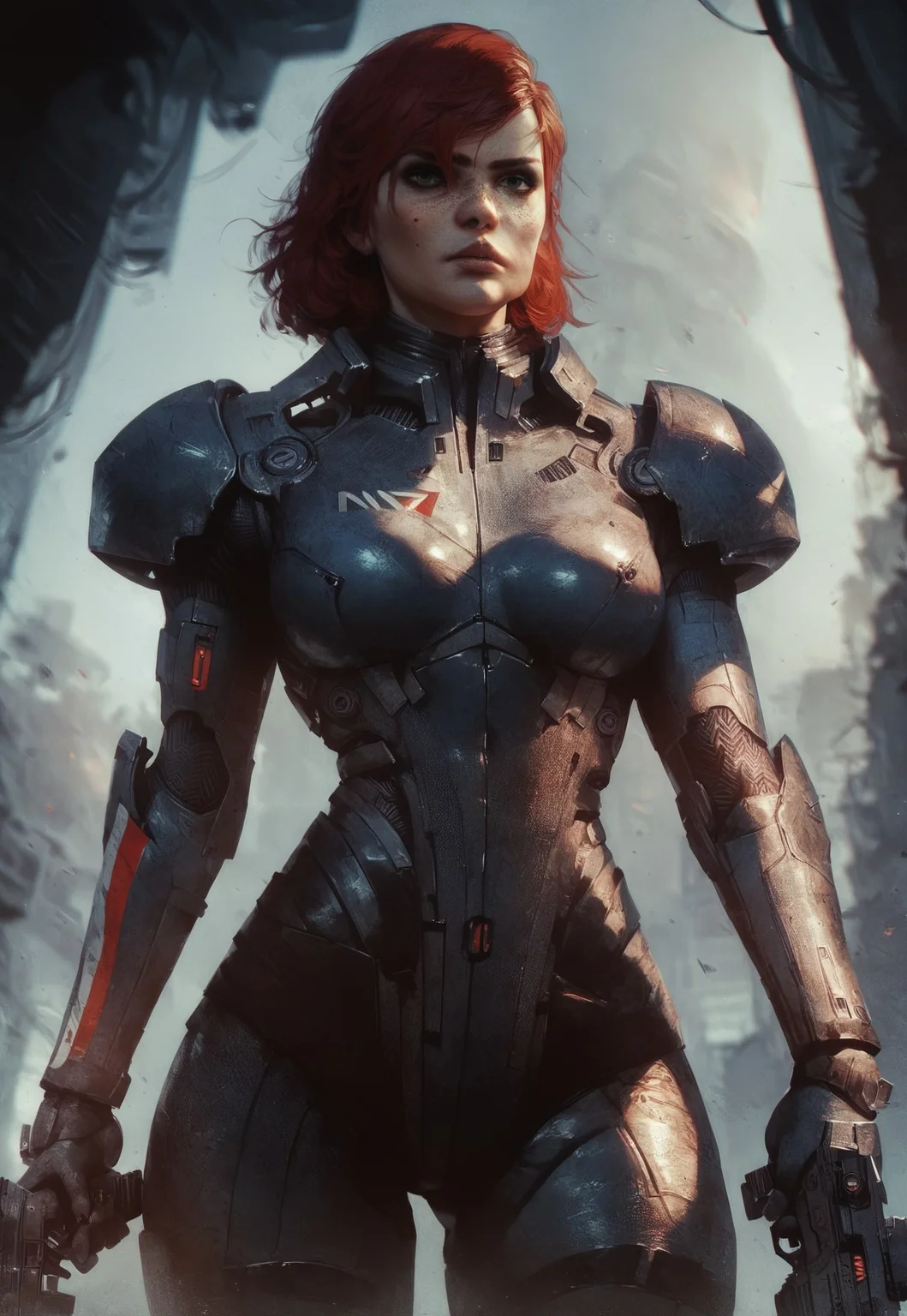 score_9, score_8_up, score_7_up, score_6_up,
1girl, HD, solo, femshepxl, red hair, green eyes, medium hair, bodysuit, armor, holding a gun,
front view, waist up,
futuristic city background
