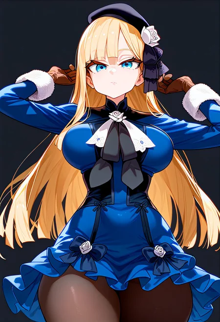 (masterpiece:1.2, best quality), (finely detailed eyes: 1.2) (ultra-detailed, hires), (detailed face, detailed eyes), (best illumination), detailed glow, high contrast, looking at viewer, solo, 1girl, solo, (huge breasts, thin waist, wide hips, thick thighs), peaceful, closed mouth, adult, reines el-melloi archisorte, blonde hair, blue eyes, long hair, bangs, blunt bangs, beret, black headwear, black ribbon, blue dress, brown gloves, dress, flower, fur collar, fur trim, fur-trimmed sleeves, gloves, hair flower, hair ornament, hair ribbon, hat, long sleeves, ribbon, rose, tilted headwear, white flower, white rose, black pantyhose, random pose, no background, dark background, (masterpiece, best quality, very aesthetic, absurdres), (ultra detailed perfect piece:1.2), illustration, masterpiece, (extremely detailed CG 8k), (very fine 8K CG), <lora:add-detail-xl:-1>