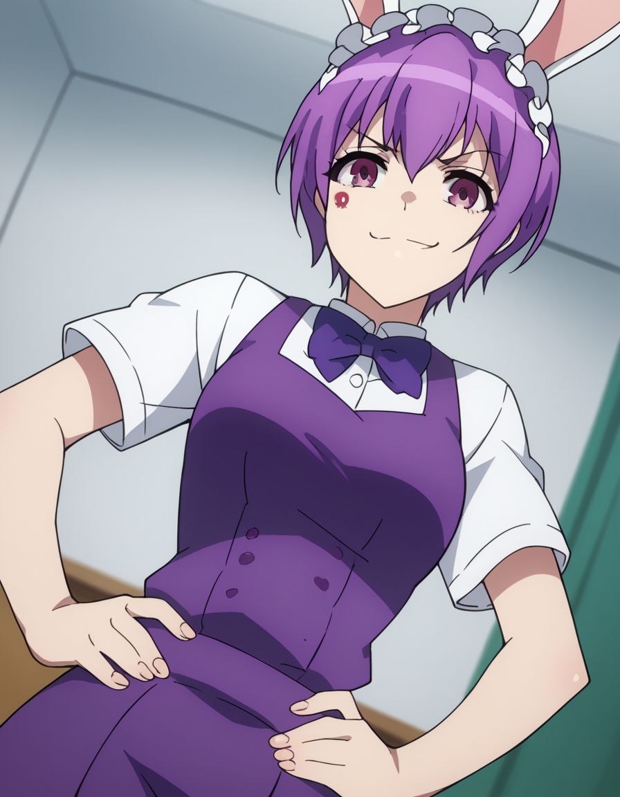 score_9, score_8_up, score_7_up, source_anime, <lora:naruha-sakuragi-acc1-ponyxl-lora-nochekaiser:1>, naruha sakuragi, short hair, purple eyes, purple hair,, shirt, bow, tail, short sleeves, bowtie, maid headdress, rabbit tail,, indoors, smug, smile, looking at viewer, solo, hands on hips,, cowboy shot, dutch angle