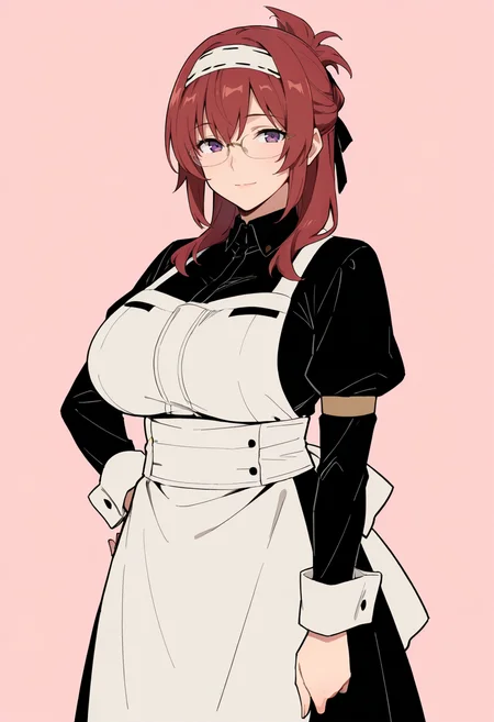 masterpiece, best quality,
1girl, solo, cowboy shot,
standing, hand on own hip,
looking at viewer, light smile,
<lora:Lilia_Greyrat:1> L1l14Gr31r4t, purple eyes, glasses, red hair, hair ribbon, mature female, large breasts,
maid, apron, maid headdress, dress, long sleeves,
simple background, pink background,