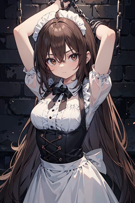 (masterpiece), 1girl, solo, (restrained:1.2), chains, dungeon, dark, eerie, looking at viewer, despise, serious, arms up, absurdly long hair, ahoge, brown hair, brown eyes, medium breasts, hair between eyes, maid outfit
