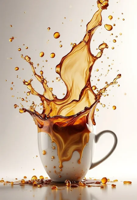 A splash of YFG-C0ff in a cup falling over.