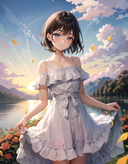 1girl, autumn, autumn_leaves, bangs, beach, blue_sky, blush, breasts, brown_hair, closed_mouth, cloud, cloudy_sky, collarbone, day, dress, field, flower, flower_field, horizon, lake, leaf, looking_at_viewer, mountain, mountainous_horizon, ocean, outdoors, palm_tree, petals, plant, red_flower, short_hair, skirt_hold, sky, smile, solo, standing, sunset, tree, twilight, water, white_dress, (beautiful eyes:1.3)