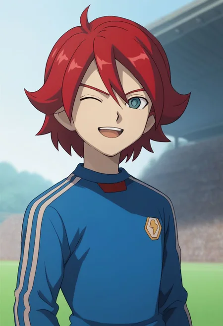 score_9, score_8_up, score_7_up, source_anime, highly detailed, 1boy, solo, male_focus, skinny, slender,
hiroto2, male focus, 1boy, solo, soccer uniform, sportswear, open mouth, red hair, upper body, tracksuit, wink,
outdoor