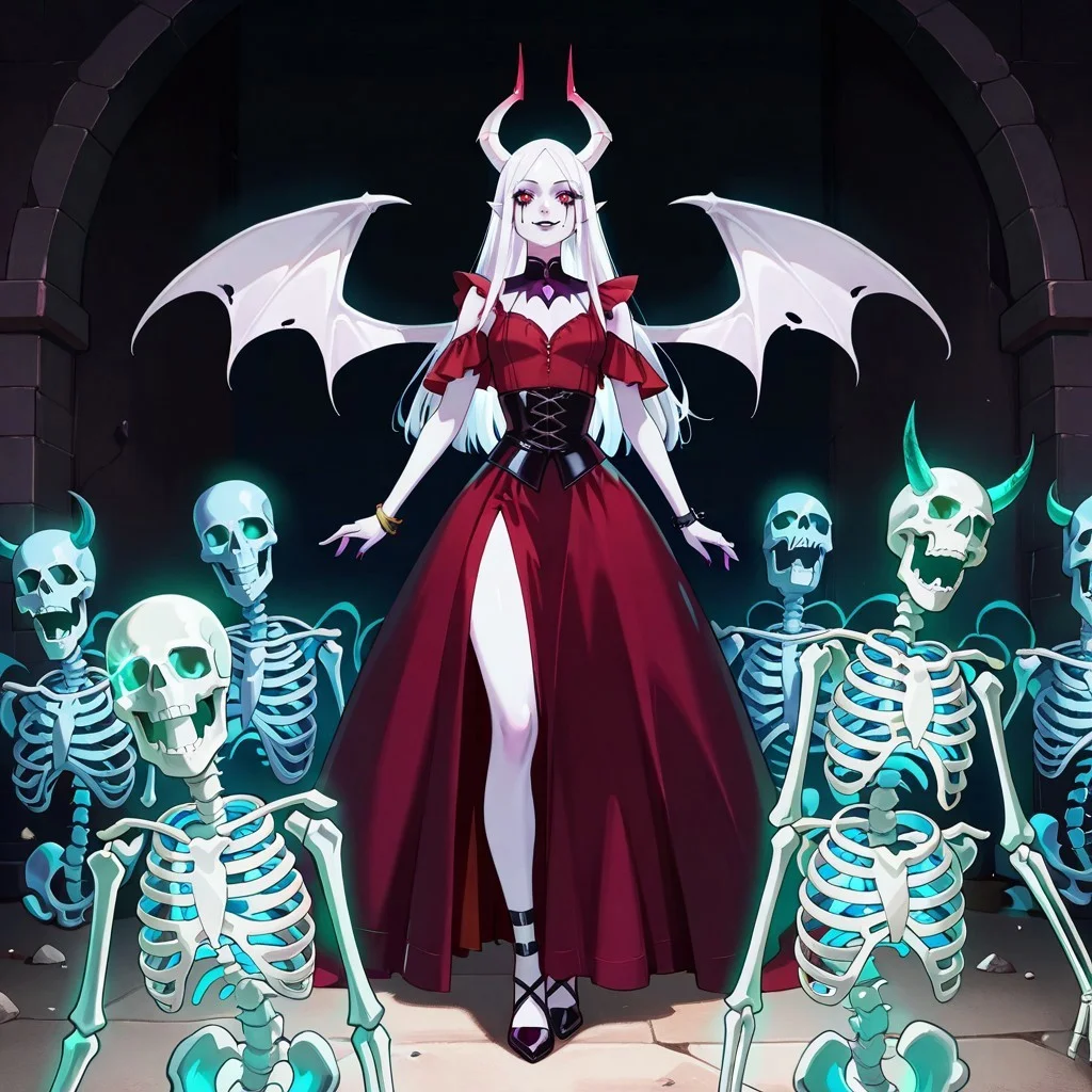 masterpiece, best quality, newest, absurdres, highres, anime, anime style, 1girl, white skin, white colored skin, pale skin, albino, albino skin, horns, demon horns, demon girl, succubus, wings, bat wings, demon wings, goth, goth girl, goth makeup, runny makeup, smile, grin, closed mouth, Necromancer-IL-V1.0, Necromancer-IL-V1.0-Minions, skeletonminions, skeleton, skeletons,