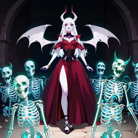 masterpiece, best quality, newest, absurdres, highres, anime, anime style, 1girl, white skin, white colored skin, pale skin, albino, albino skin, horns, demon horns, demon girl, succubus, wings, bat wings, demon wings, goth, goth girl, goth makeup, runny makeup, smile, grin, closed mouth, Necromancer-IL-V1.0, Necromancer-IL-V1.0-Minions, skeletonminions, skeleton, skeletons,