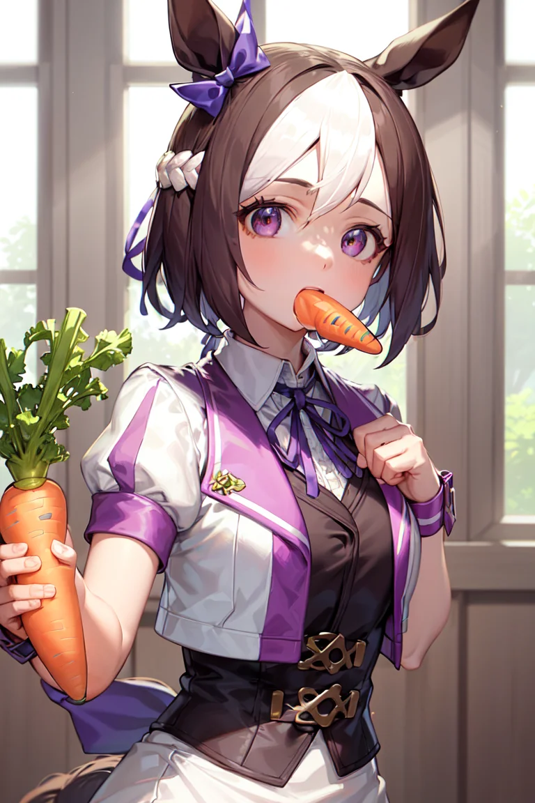 masterpiece, best quality,
special week \(umamusume\),
(mouth hold carrot:1.3), indoors,
upper body,
ear bow, purple bow, puffy short sleeves, neck ribbon, blue ribbon, cropped jacket, white jacket, two-tone jacket, collared shirt, white shirt, purple vest, wristband, wrist cuffs, white skirt, <lora:special_week_loha:0.6>