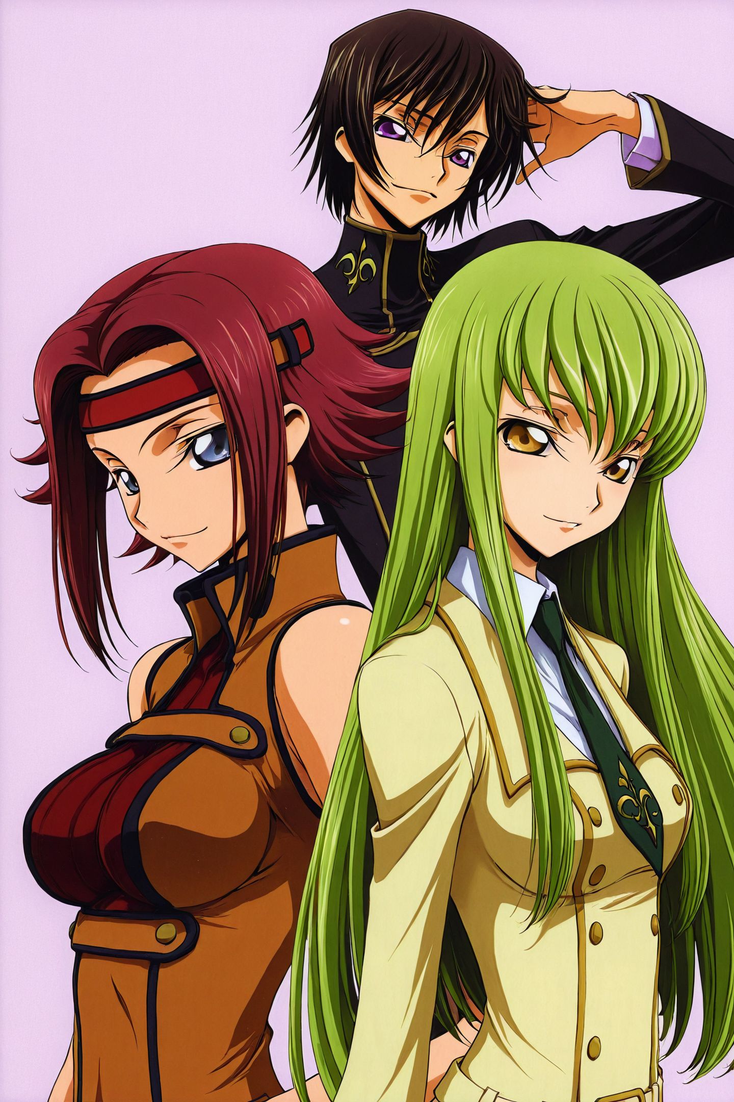 ashford academy school uniform,school uniform,lelouch lamperouge,green hair,2girls,1boy,c.c.,red hair,purple eyes,kallen stadtfeld,yellow eyes,long hair,brown hair,short hair,blue eyes,black hair,smile,breasts,headband,simple background,
<lora:Takahiro Kimura_illustriousXL:1.4>,
