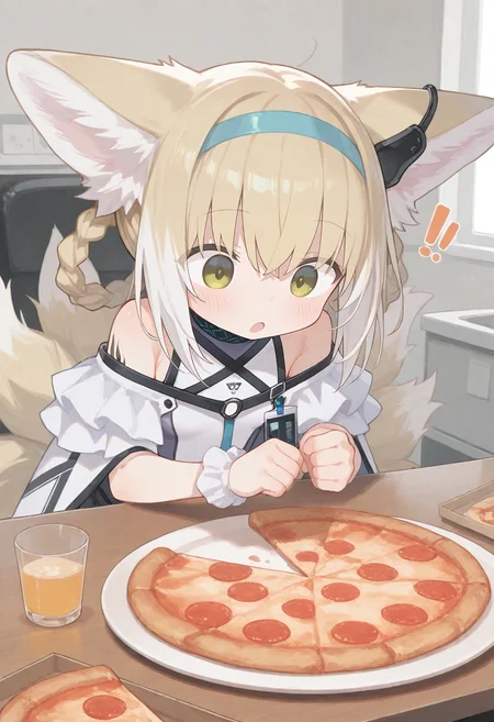 1girl, suzuran (arknights), pizza, !!, !, palm-fist tap,
(zankuro:0.2), wagashi \(dagashiya\), chen bin, very awa, very aesthetic, masterpiece, best quality, amazing quality, absurdres <lora:ponyv6_noobV1_2_adamW:0.5> <lora:n_XLNBVP1lokrV6311P:0.2> <lora:748cmXLNBVP1lokrV6311PZ:0.2> <lora:ricotte2:0.2>