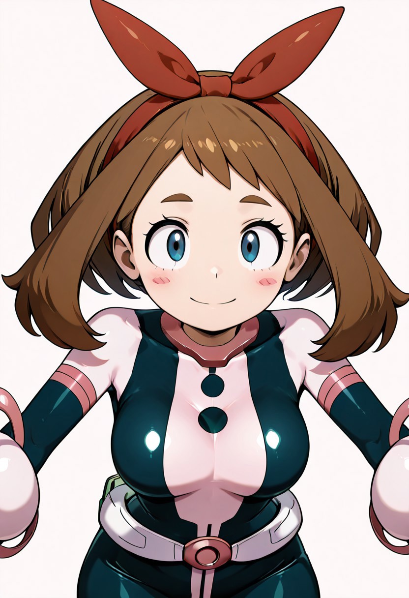 masterpiece, best quality, solo, curvy, beautiful eyes, girl, solo, smile, looking at viewer, dynamic pose, from below, (fisheye), foreshortening, close up,  (leaning forward, eye focus, anime screenshot, 
(upper body), white background,
zzMayOchako, blue eyes, brown hair, medium hair, red hairband,  belt, bodysuit, uraraka ochako,