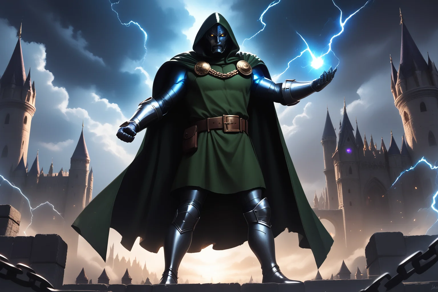 score_9, score_8_up, score_7_up, masterpiece, high quality,realistic
<lora:Doctor DoomPonyLora:1> 1boy, hood, cape, belt, armor, cloak, mask, gauntlets, boots, glowing eyes, standing on a window in a castle, dark clouds, thunder, glowing eyes, chain, glowing, electricity, in a city, fighting, casting magic