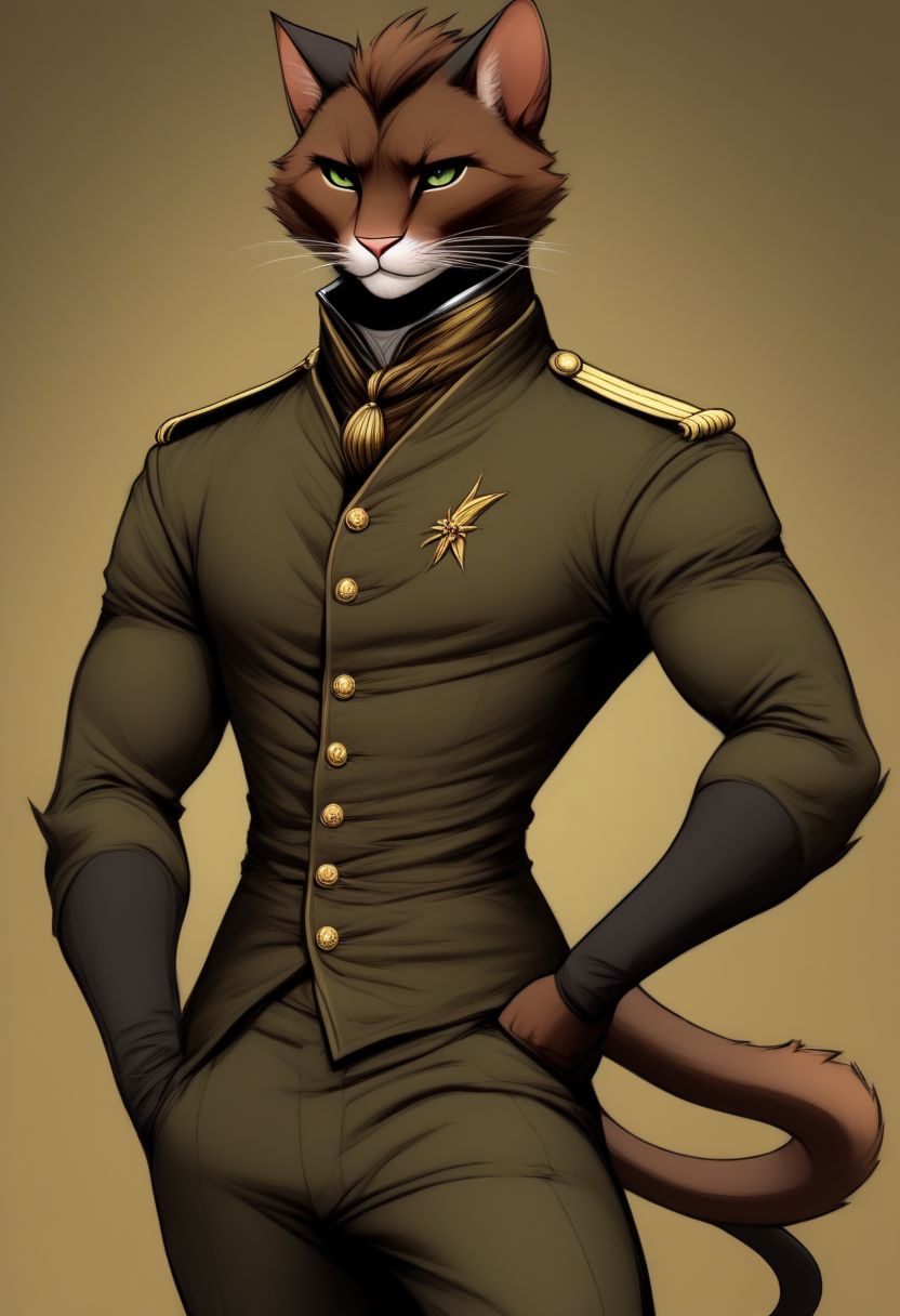 Fit, sleek, tabaxi, male, army uniform, dancer, elegant, leader, calm, dark brown fur, sleek tail, thin tail