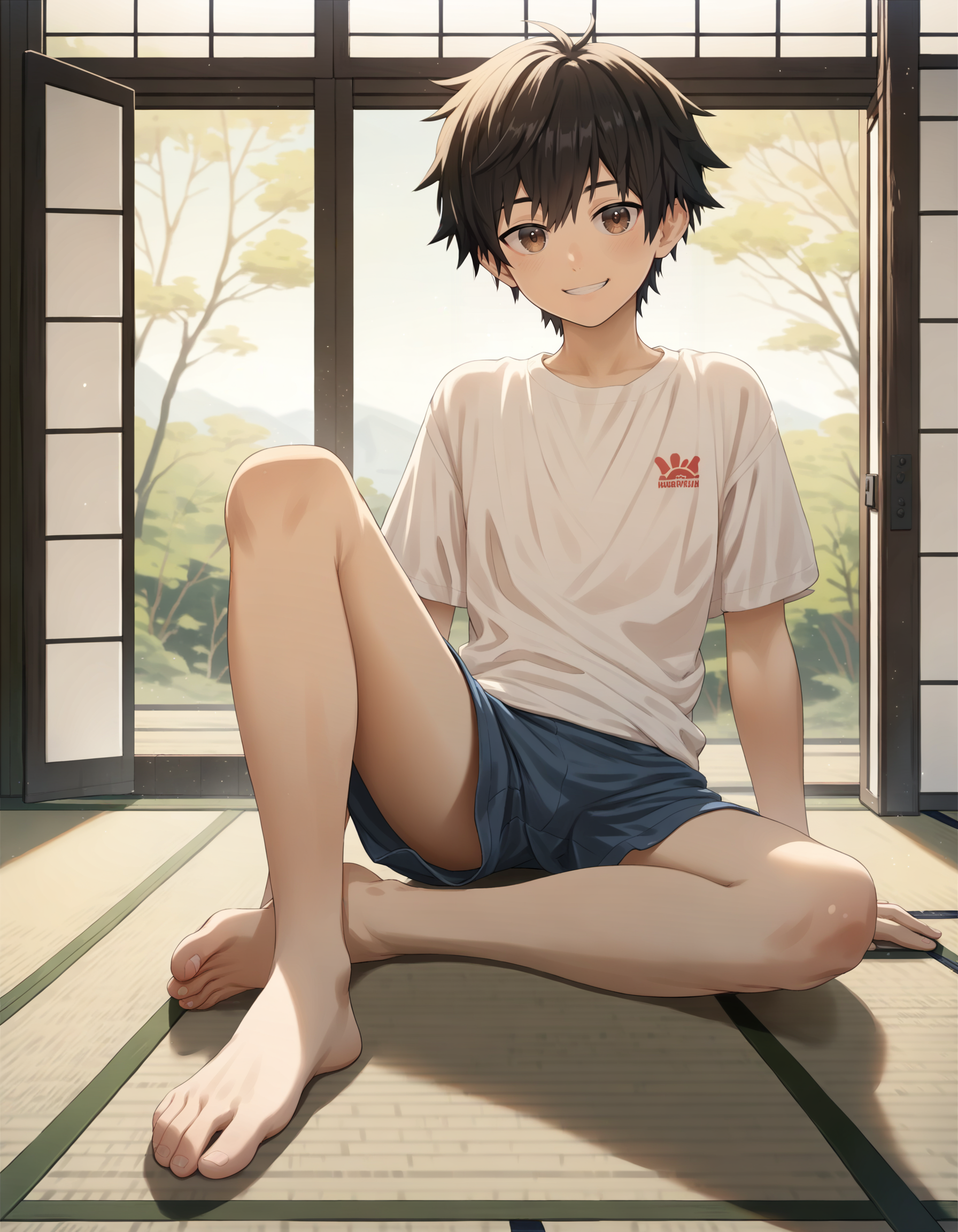score_9, score_8_up, score_7_up, score_6_up, source_anime, indoors, tatami, foreshortening, fisheye, 1boy, brown eyes, black hair, solo, looking at viewer, smile, t-shirt, shorts, sitting on floor, barefoot <lora:luye-yuan_PDXL_v2-ShoAI:0.95>
