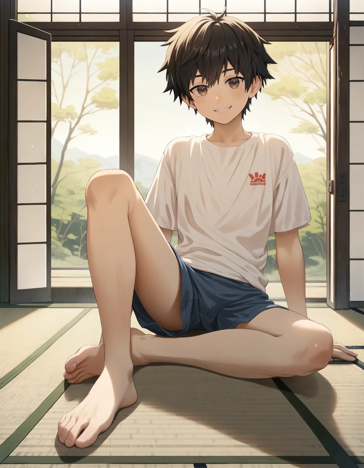 score_9, score_8_up, score_7_up, score_6_up, source_anime, indoors, tatami, foreshortening, fisheye, 1boy, brown eyes, black hair, solo, looking at viewer, smile, t-shirt, shorts, sitting on floor, barefoot <lora:luye-yuan_PDXL_v2-ShoAI:0.95>