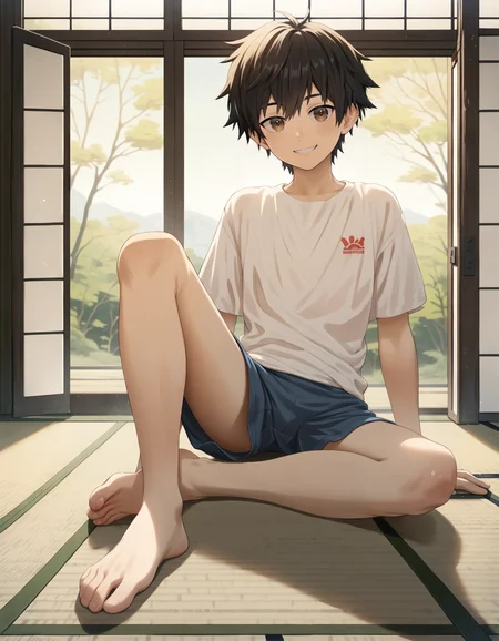 score_9, score_8_up, score_7_up, score_6_up, source_anime, indoors, tatami, foreshortening, fisheye, 1boy, brown eyes, black hair, solo, looking at viewer, smile, t-shirt, shorts, sitting on floor, barefoot <lora:luye-yuan_PDXL_v2-ShoAI:0.95>