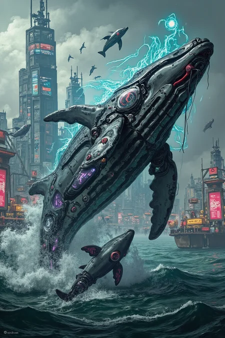 , Colossal biomechanical whale breaching neon-infused cyberpunk ocean, its metallic skin adorned with bioluminescent circuits and holographic scales. Sleek cybernetic enhancements seamlessly blend with organic matter. Cityscape of towering skyscrapers and floating platforms visible in background, shrouded in misty pollution. Whale's eye glows with artificial intelligence, surrounded by augmented reality interface. Streams of data visibly flow through translucent parts of its body. Pods of smaller cyber-dolphins leap alongside. Ocean surface ripples with holographic advertisements and warning buoys. Futuristic fishing vessels hover nearby. Hyper-detailed 8K render, photo-realistic textures, ray-traced reflections, volumetric lighting. Atmosphere heavy with electric tension and otherworldly wonder.
