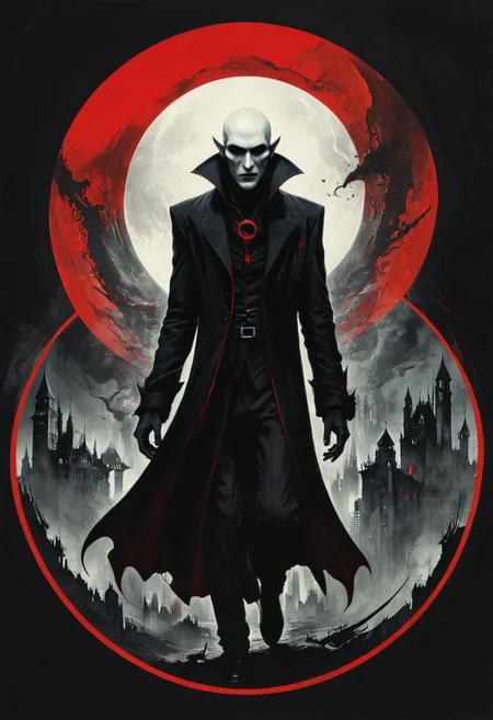 vampire lord nosferatu ral-ertmsphr otclillsn carcosa city, cybersecurity meme, data flows, dynamic movement, bleaked red and black, a Vintage casual goddess inside of circle, looking curious, By Yoji Shinkawa,
