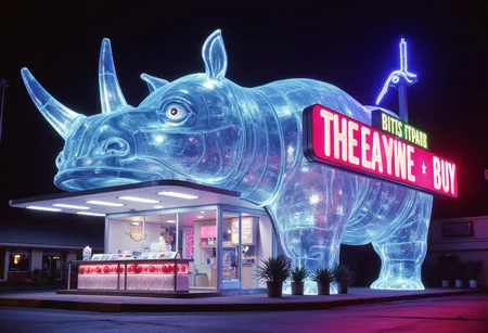 vaporwave style scene of a massive  transparent glass biting Black Rhinoceros shaped novelty architecture building operating as a post office in a crime infested tourist area.  . retro aesthetic, cyberpunk, vibrant, neon colors, vintage 80s and 90s style, highly detailed